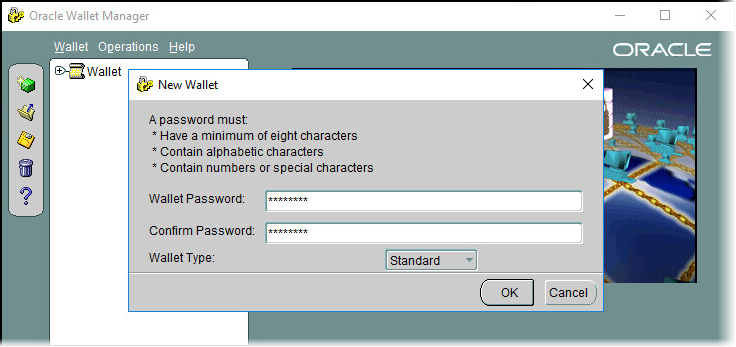 Oracle Wallet Manager window with New Wallet dialog box open where you can enter and confirm the Wallet Password and select the Wallet Type